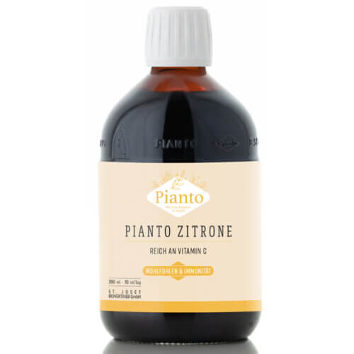 Pianto Zitrone, Energie, Konzentration, Wohlbefinden, gesunde Verdauung, Gleichgewicht der Darmflora, Gleichgewicht des Säure-Basen-Haushalts, Remineralisierung, Beitrag von essentiellen Aminosäuren, verbesserte Leberfunktion, hoch bioverfügbare Aufnahme von Mikronährstoffen und Vitaminen