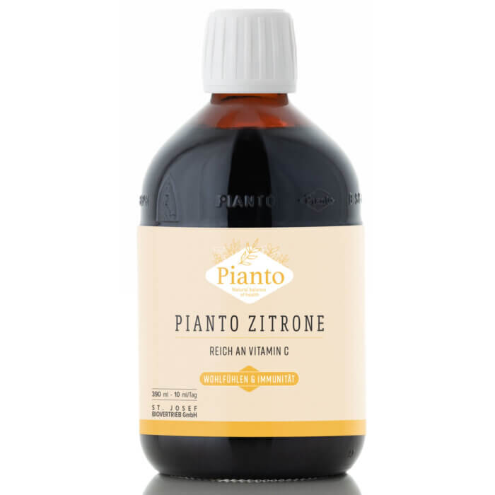 Pianto Zitrone, Energie, Konzentration, Wohlbefinden, gesunde Verdauung, Gleichgewicht der Darmflora, Gleichgewicht des Säure-Basen-Haushalts, Remineralisierung, Beitrag von essentiellen Aminosäuren, verbesserte Leberfunktion, hoch bioverfügbare Aufnahme von Mikronährstoffen und Vitaminen